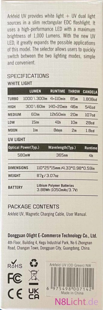 Arkfeld UV Taschenlampe OD Grün - Verpackung Rückseite mit Informationen des Produkts