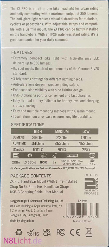 Fahrradlampe ZX Pro - Verpackung Rückseite